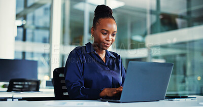 Buy stock photo Reading, black woman or laptop in business office for planning, investment project or forecast proposal. Market research, online report or financial analyst with profit opportunity idea, review or pc