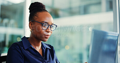 Buy stock photo Office, laptop and woman with glasses, serious and risk assessment for investment proposal or online. Business, financial analyst and black person with tech for asset management, reading and research