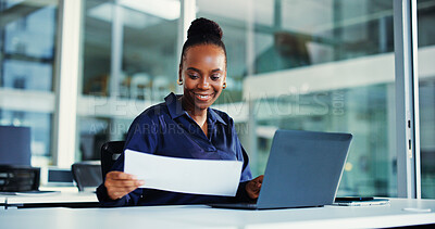 Buy stock photo Documents, laptop and black woman in office with research for finance report with budget plan. Computer, reading and African financial manager with paperwork for investment proposal in workplace.