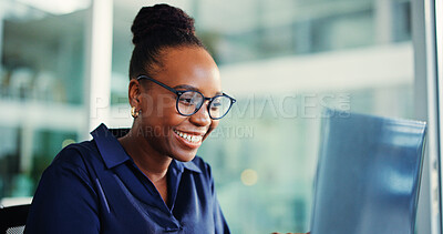 Buy stock photo Office, laptop and woman with glasses, excited and risk assessment for investment proposal or online. Business, financial analyst and black person with tech for asset management, reading and research