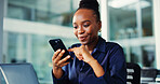 Phone, smile and black woman in office with networking, communication or notification on mobile app. Cellphone, laptop and business person with message, texting or social media on break in workplace