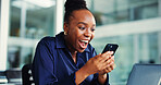 Phone, excited and black woman in office with prize, giveaway win or notification on mobile app. Cellphone, laptop and business person with promotion, texting or social media on break in workplace