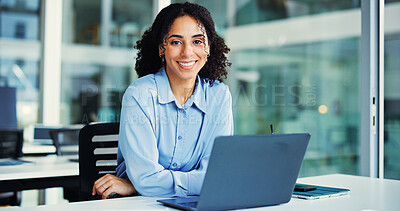 Buy stock photo Happy, laptop and portrait of businesswoman in office with confidence for finance career. Smile, computer and female financial advisor with pride for company about us with job opportunity in Mexico.