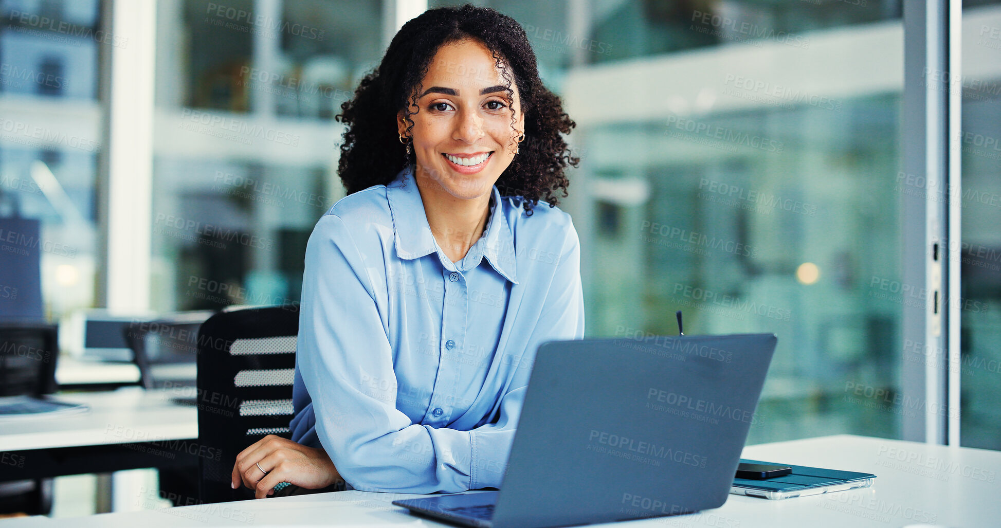 Buy stock photo Happy, laptop and portrait of businesswoman in office with confidence for finance career. Smile, computer and female financial advisor with pride for company about us with job opportunity in Mexico.