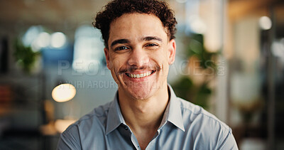 Buy stock photo Happy, portrait and man with pride, office or financial analyst with ambition for career development. Confident, employee and person with smile for wealth management, space and opportunity in USA
