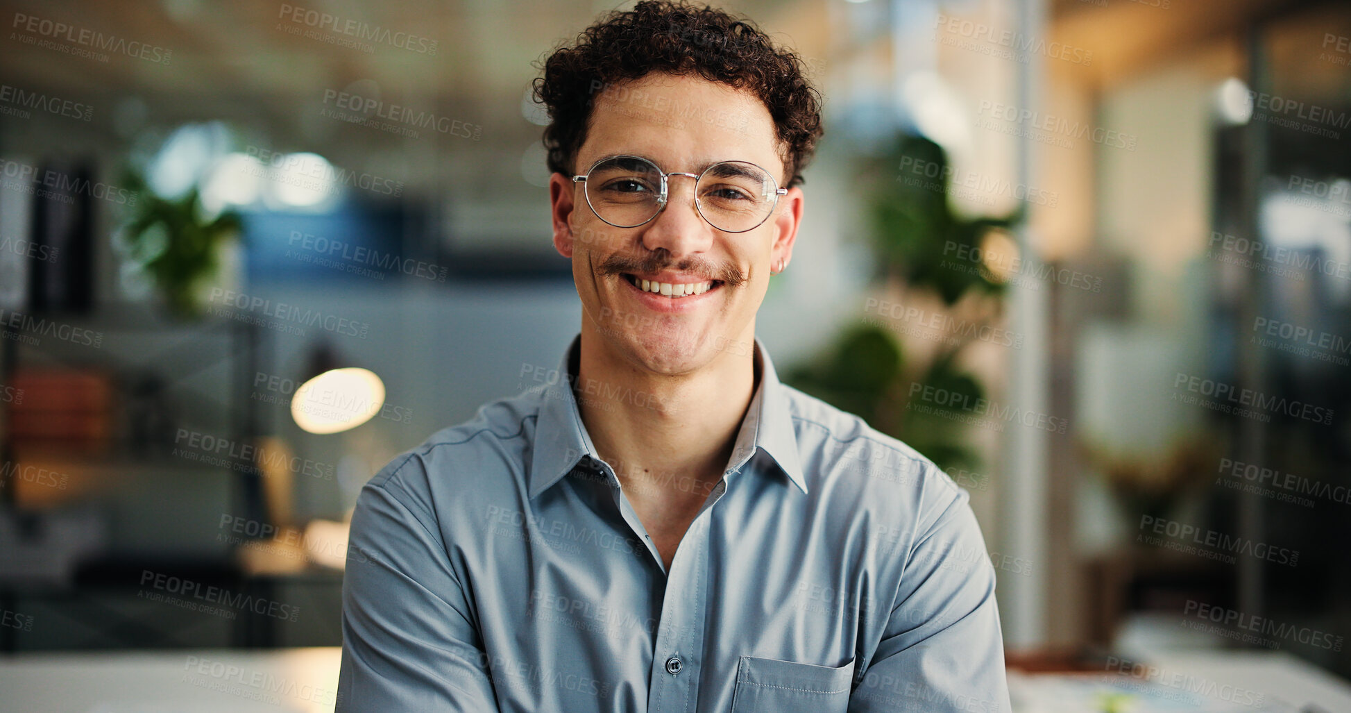 Buy stock photo Happy, portrait and man with glasses, office or financial analyst with smile for career development. Confident, employee and person with ambition for wealth management, space and opportunity in USA