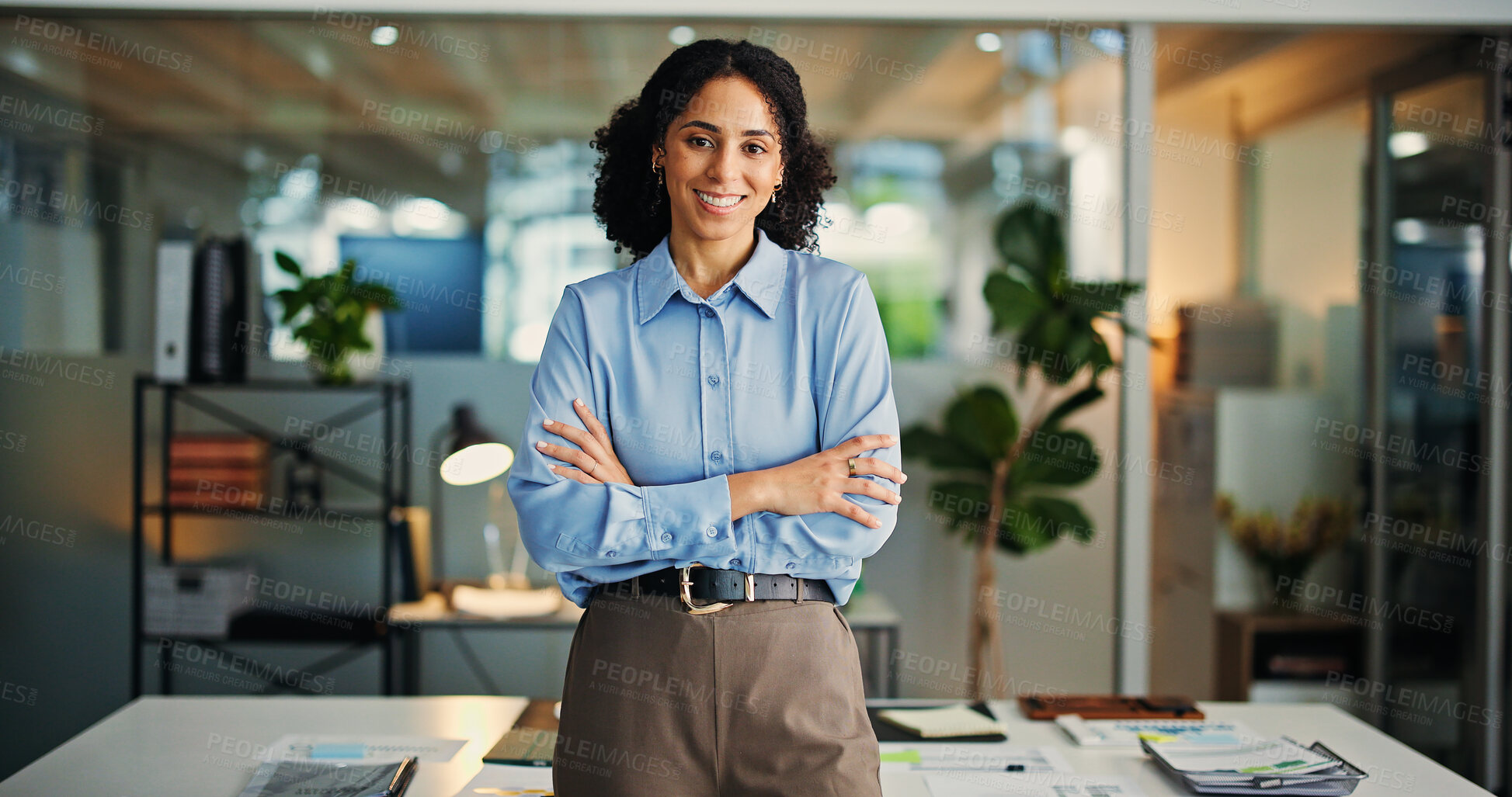 Buy stock photo Happy, portrait and woman with arms crossed, office or financial analyst with career growth or pride. Business, employee and person with smile for wealth management, ambition or opportunity in Brazil