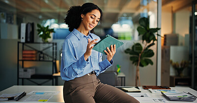 Buy stock photo App, smile and tablet with business woman in office for information, project management or report. Internet, info and review with happy employee in professional workplace for schedule development