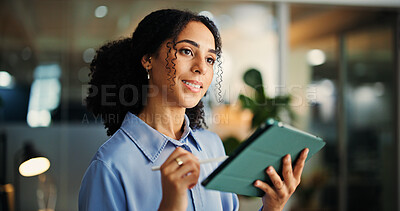 Buy stock photo App, ideas and tablet with business woman in office for information, project management or report. Internet, scroll and review with administration in professional workplace for schedule development