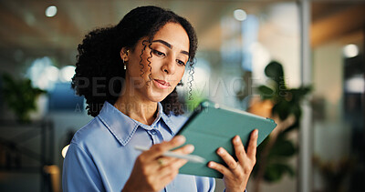 Buy stock photo App, review and tablet with business woman in office for information, project management or ideas. Internet, read and report with consultant person in professional workplace for schedule development