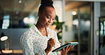 App, ideas and tablet with black woman in office for information, project management or report. Internet, info and review with business person in professional workplace for schedule development
