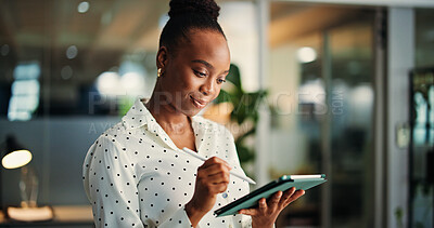 Buy stock photo App, ideas and tablet with black woman in office for information, project management or report. Internet, stylus and review with business person in professional workplace for schedule development