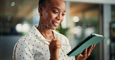 Buy stock photo Media agency, night and black woman in office, tablet and online reading with publication. African person, email and journalist in workplace, evening and tech with submission, website blog and column