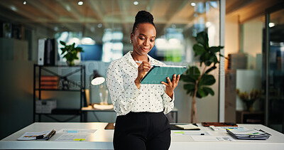 Buy stock photo App, report and tablet with black woman in office for information, project management or ideas. Internet, research and review with business person in professional workplace for schedule development