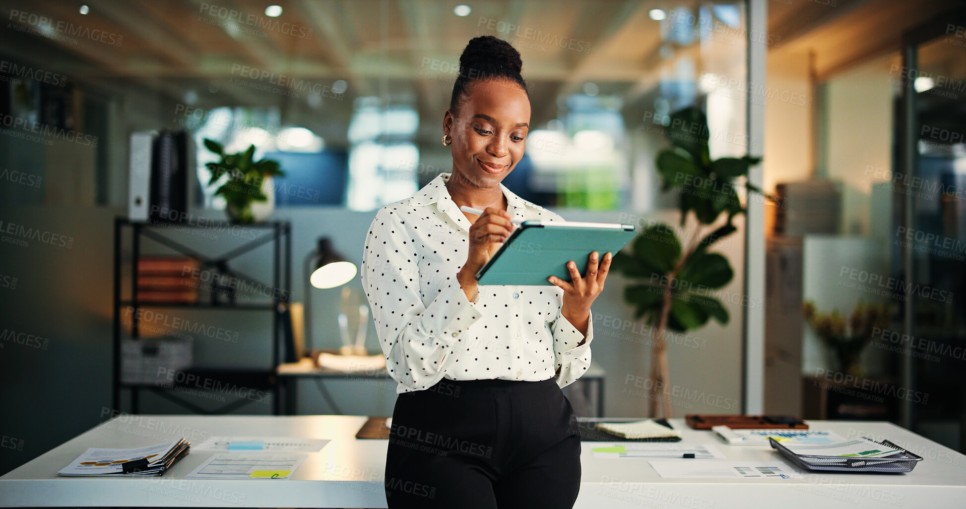 Buy stock photo App, report and tablet with black woman in office for information, project management or ideas. Internet, research and review with business person in professional workplace for schedule development