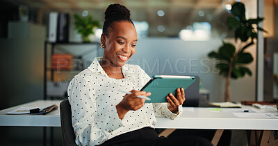 Buy stock photo App, review and tablet with black woman in office for information, project management or ideas. Internet, smile and report with happy business person in workplace for admin or schedule development