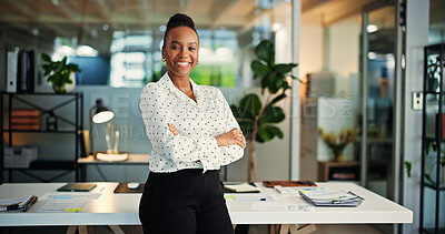 Buy stock photo Office, portrait and businesswoman with arms crossed, smile or financial analyst with career growth. Confident, employee and black person with ambition for wealth management and excited in Nigeria