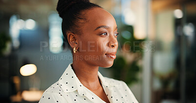 Buy stock photo Black woman, thinking or ideas in office with planning, startup opportunity or career development. Creative person, project management or business vision for problem solving, review or brainstorming