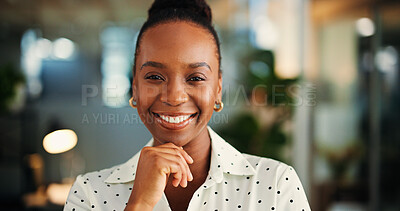 Buy stock photo Business, portrait and woman with pride, happy or financial analyst with ambition for career growth. Office, employee and black person with smile for wealth management, space and confident in Nigeria