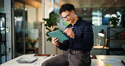 Buy stock photo Happy man, web designer and night with tablet for online website, design or development in office. Creative, businessman or working late with technology for schedule, review or planning in workplace