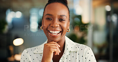 Buy stock photo Business, portrait and woman with pride, laugh or financial analyst with ambition for career growth. Office, employee and black person with smile for wealth management, about us or excited in Nigeria