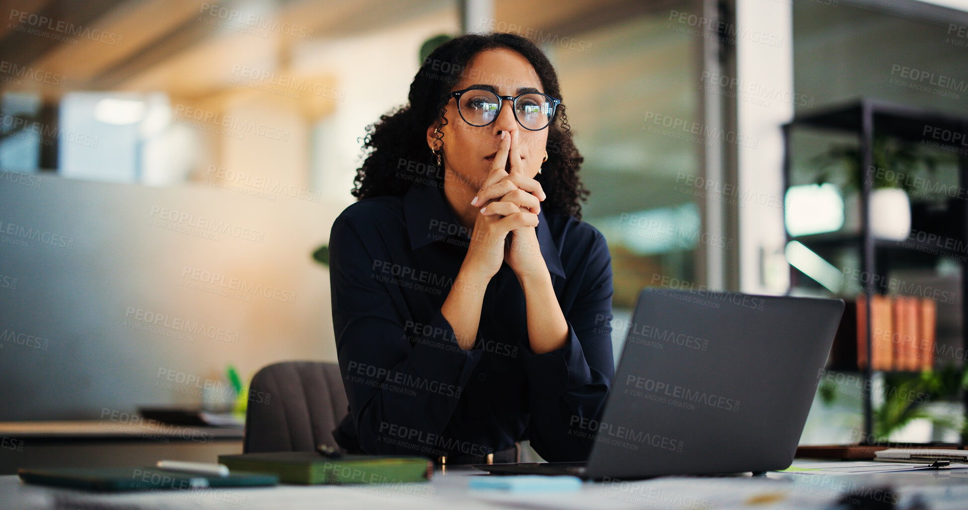 Buy stock photo Business woman, laptop and ideas in office with thinking, startup opportunity or career development. Creative person, project management and tech for research, problem solving or brainstorming review