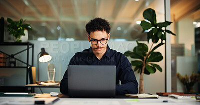 Buy stock photo Businessman, laptop and review in office with planning, startup opportunity or career development. Creative person, project management and tech for research, problem solving and brainstorming ideas