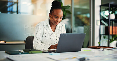 Buy stock photo Black woman, accountant and research with laptop in office for corporate finance, profit or revenue. Female person, employee or accounting with computer or documents for financial planning or budget