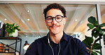 Happy man, portrait and glasses with earphones for video call, online meeting or webinar in office. Male person, consultant or agent with smile or POV for virtual discussion or chat in workplace