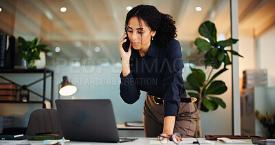Buy stock photo Business woman, laptop and night with phone call for proposal, deadline or negotiation in office. Female person, consultant or agent working late with computer or mobile smartphone for online advice