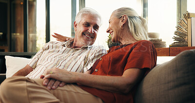 Buy stock photo Love, laughing or old couple on sofa with hug, connection or bonding together in retirement. Happiness, mature man or woman in house with embrace, marriage commitment or joke in romantic relationship