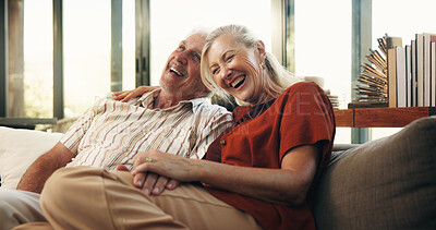 Buy stock photo Love, laugh or old couple on sofa with hug, connection or bonding together in retirement. Happiness, mature man or woman in house with embrace, marriage commitment or joke in romantic relationship.