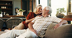 Love, laugh or old couple on sofa with connection, romance or bonding together in retirement. Happy, mature man or woman in house with embrace, marriage commitment or humor in romantic relationship.