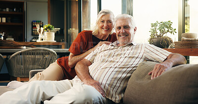 Buy stock photo Portrait, senior couple and relax on sofa with love, partner support and bonding together. Happy, elderly people and resting with affection, connection and romantic with marriage commitment at house