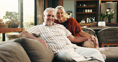 Buy stock photo Portrait, senior couple and relax on couch with love, partner support and bonding together. Happy, elderly people and weekend with affection, connection and romantic with marriage commitment at house
