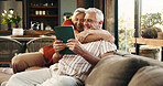 Hug, tablet and senior couple on sofa for subscription, connection and online website in home. Retirement, marriage and old man and woman on digital tech for bonding, streaming and relax together