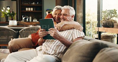Buy stock photo Hug, tablet and senior couple on sofa excited for good news, winning and website in home. Retirement, marriage and old man and woman on digital tech for online giveaway, bonding and relax together