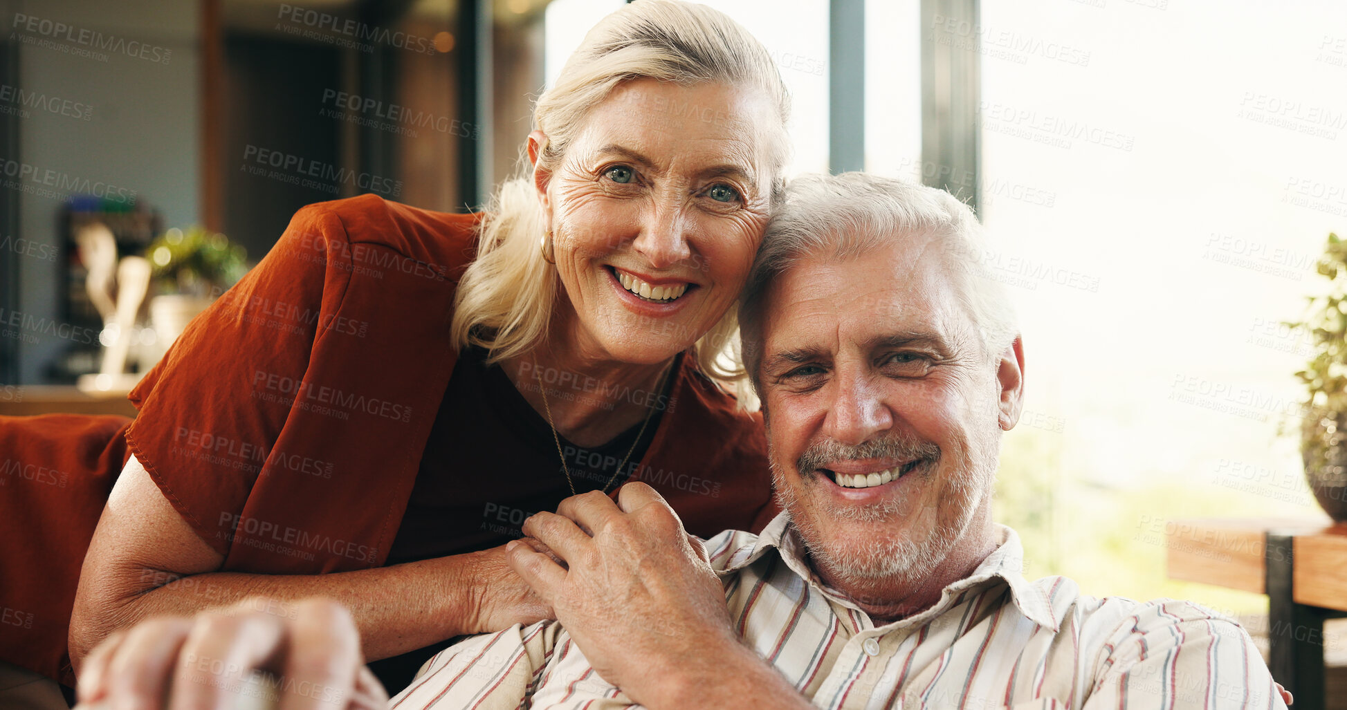 Buy stock photo Portrait, senior couple and holding hands with smile for love, support and bonding together. Happy, elderly people and relax with affection, connection and romantic with marriage commitment at house