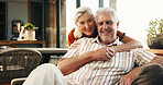 Portrait, senior couple and relax with hug for love, partner support and bonding together. Happy, elderly people and embrace with affection, connection and romantic with marriage commitment at house