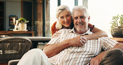 Buy stock photo Portrait, senior couple and relax with hug for love, partner support and bonding together. Happy, elderly people and embrace with affection, connection and romantic with marriage commitment at house