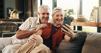 Buy stock photo Video call, smile or old couple in house with phone, connection or online conversation in living room. Happy, senior man or woman with tech, digital communication or bonding together on virtual app.
