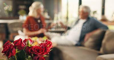 Buy stock photo Anniversary, roses or senior couple on couch with romance, blossom or partner present for marriage. Flowers, valentines day or old people celebrate in home for special date, bouquet or birthday gift