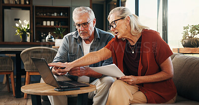 Buy stock photo Elderly couple, laptop and document in home for financial planning, investment or paperwork for retirement. Senior man, woman and tech with budget for online banking, account or savings in house