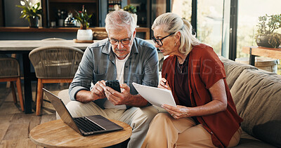 Buy stock photo House, documents and old couple with smartphone, laptop and mortgage with pension fund. Budget, man and woman on couch, cellphone and digital app for banking statement, savings or asset management