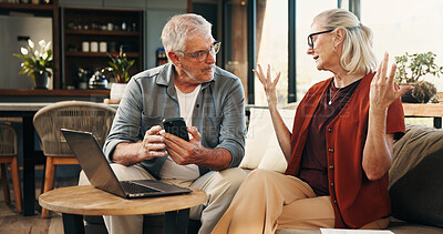 Buy stock photo House, serious and old couple with cellphone, talking and mortgage with pension fund. Budget, man and woman with laptop, smartphone and app for banking statement, tax review or asset management