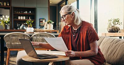 Buy stock photo Documents, laptop and senior woman on sofa in home planning for retirement fund with savings. Paperwork, computer and elderly female person with finance budget for pension account in living room.