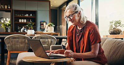 Buy stock photo Senior, happy woman or laptop with credit card in home for online shopping or purchase. Elderly, female person or shopper with computer or debit for ecommerce, virtual transaction or banking in house