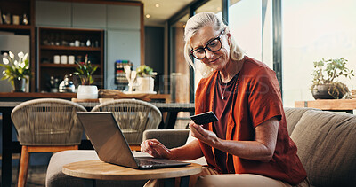 Buy stock photo Credit card, laptop and senior woman on sofa in home with online shopping, ecommerce or payment. Happy, debit and elderly female person with computer for internet banking for purchase in living room.