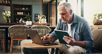 Buy stock photo Laptop, tablet and senior man on sofa in home with internet banking for investment payout. Technology, computer and elderly male person with online account for pension funds in living room at house.