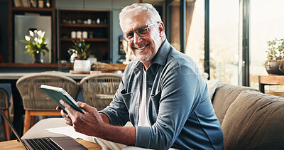 Buy stock photo Laptop, tablet and portrait of senior man on sofa in home with internet banking for investment payout. Happy, computer and elderly person with online account for pension funds in living room at house